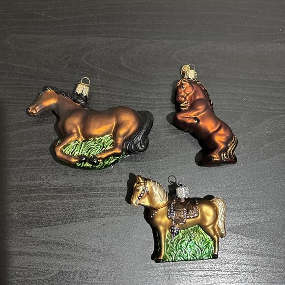 Old World Christmas Horses Glass Ornaments Lot Of 3 Western Mustang Brown Horses - Picture 1 of 8